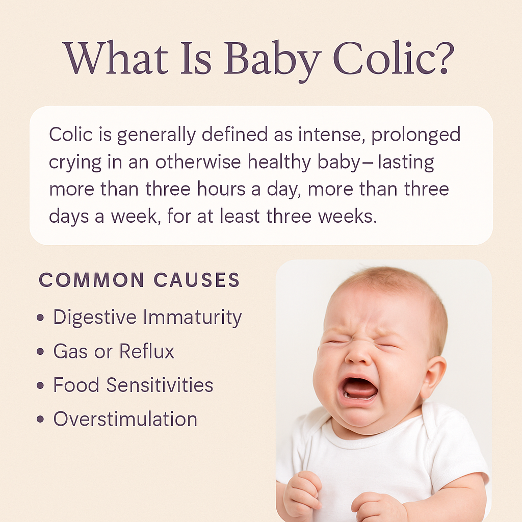 Infographic about baby colic showing a crying infant and common causes such as digestive immaturity, gas, food sensitivities, and overstimulation.