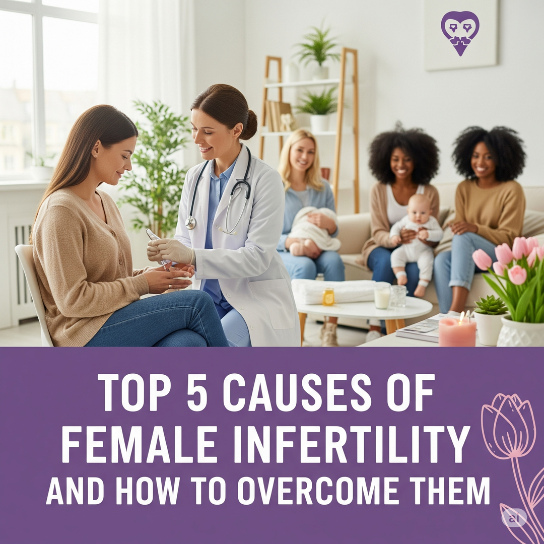 Group of diverse women consulting a doctor with overlay text 'Top 5 Causes of Female Infertility and How to Overcome Them'.