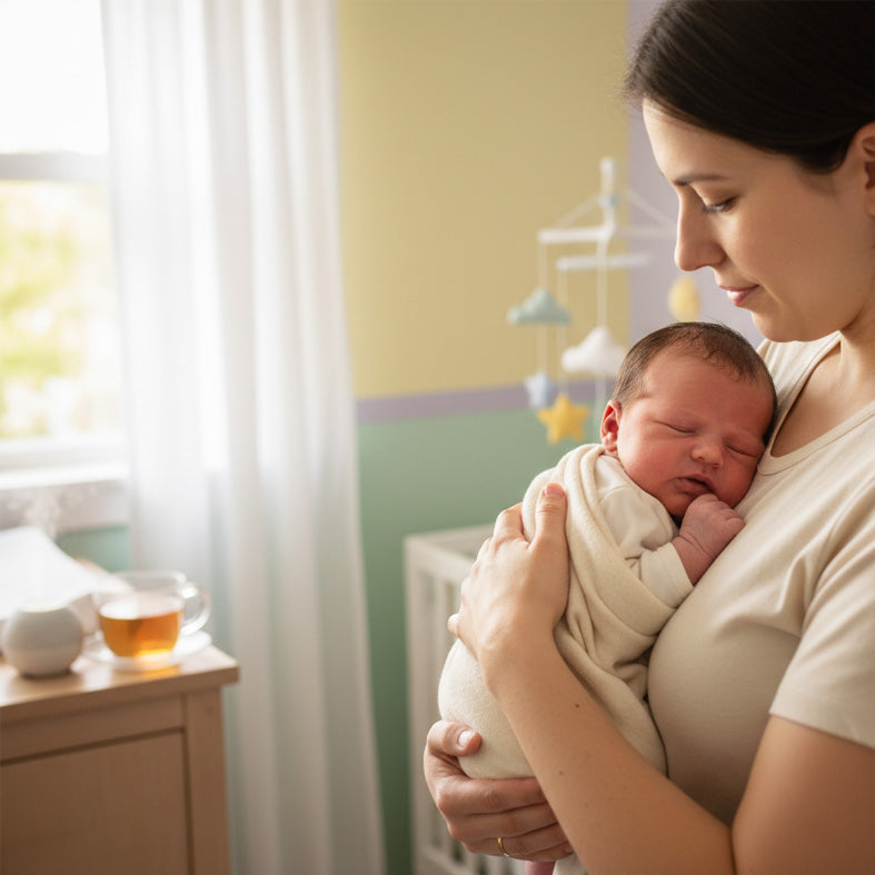 Mom using baby product from secrets of tea 