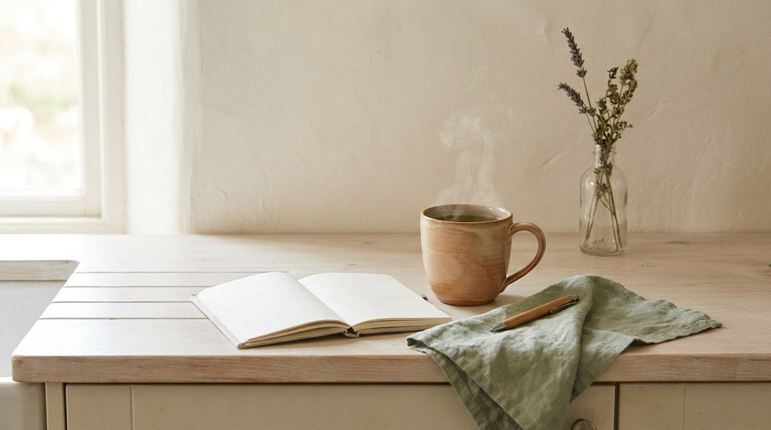Steaming mug of herbal tea beside an open blank notebook and pen on a pale wood kitchen counter in morning light
