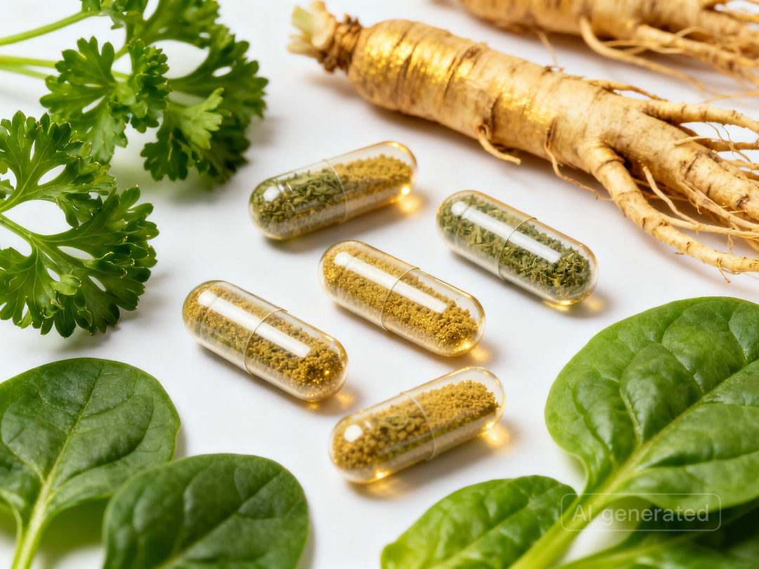 Natural herbs and herbal supplement capsules for male fertility support including parsley and ginseng root on white background