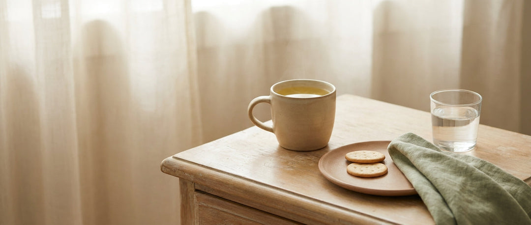 Mug of golden ginger tea with plain crackers and a glass of water on a bedside table in soft morning light