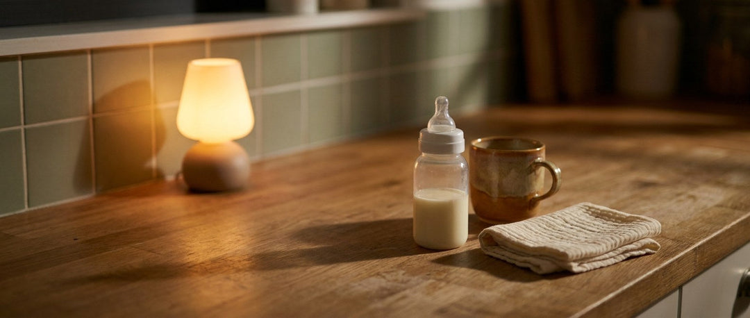 A glass baby bottle with a little milk on a warm kitchen counter at night beside a lamp, a mug and a muslin cloth