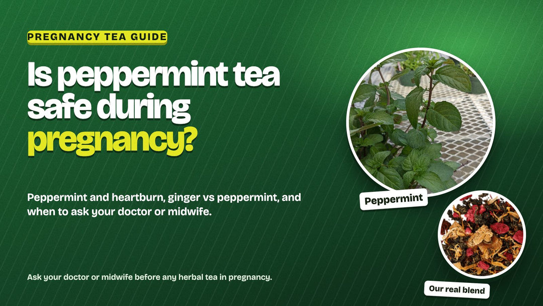 Fresh peppermint leaves beside Secrets of Tea loose blend with the question: is peppermint tea safe during pregnancy