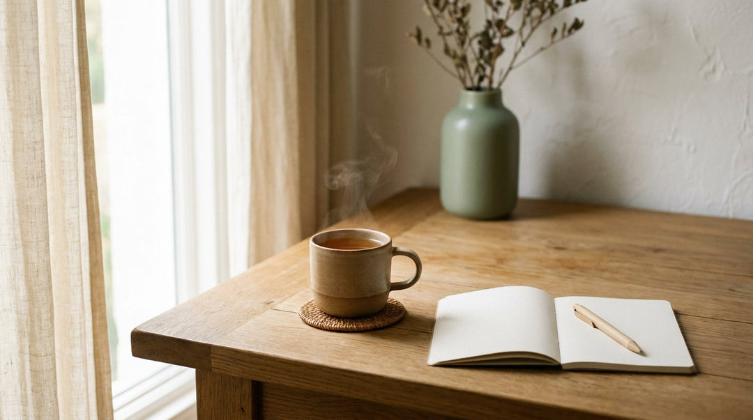 Steaming mug of herbal tea on a wooden table by a sunlit window with a blank notebook