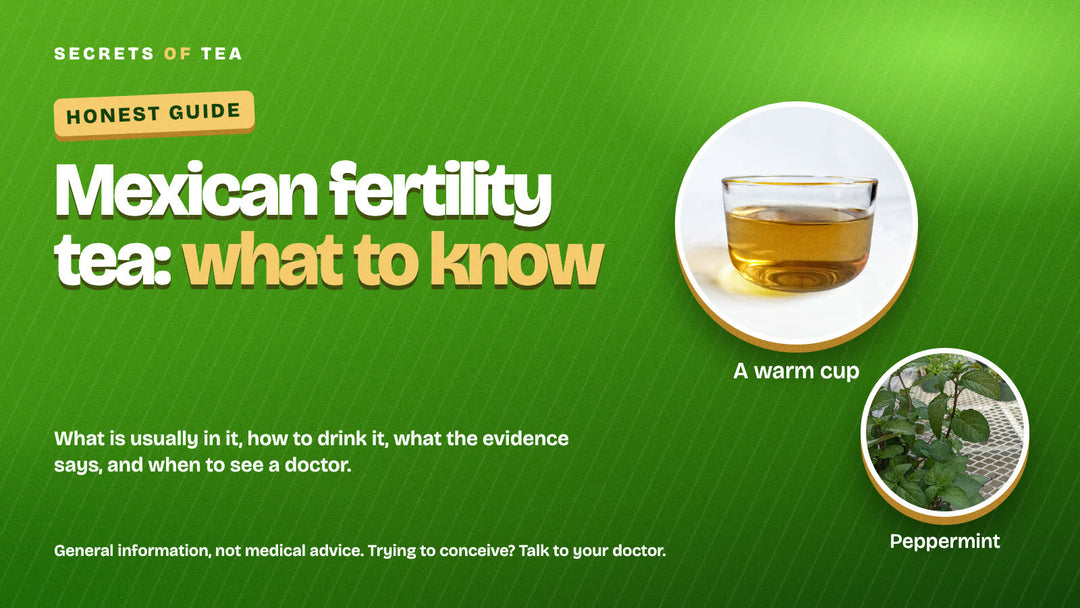 Mexican fertility tea what to know: a warm cup of herbal tea and fresh peppermint on a green background