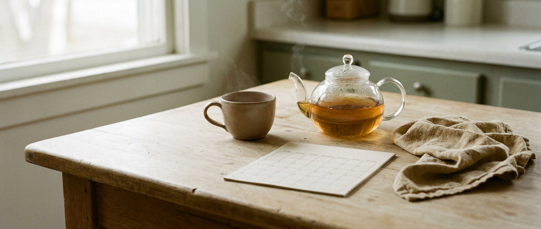 Glass teapot of amber herbal tea and a blank paper calendar on a sunlit kitchen table