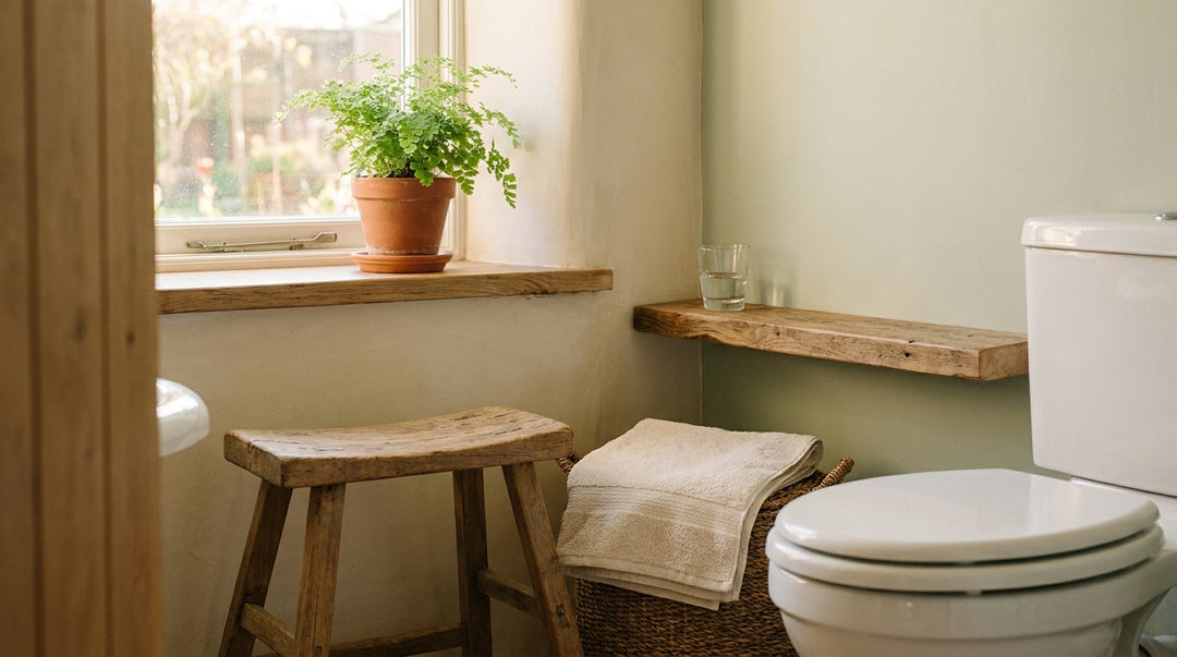Quiet home bathroom in morning light with a wooden stool, glass of water and folded towel