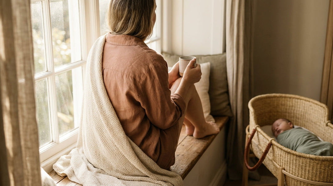 New mother seen from behind holding a warm mug in a sunny window seat beside a sleeping baby
