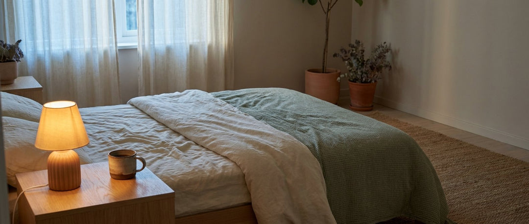A quiet bedroom before dawn with rumpled linen sheets, a warm bedside lamp and a half finished mug of herbal tea