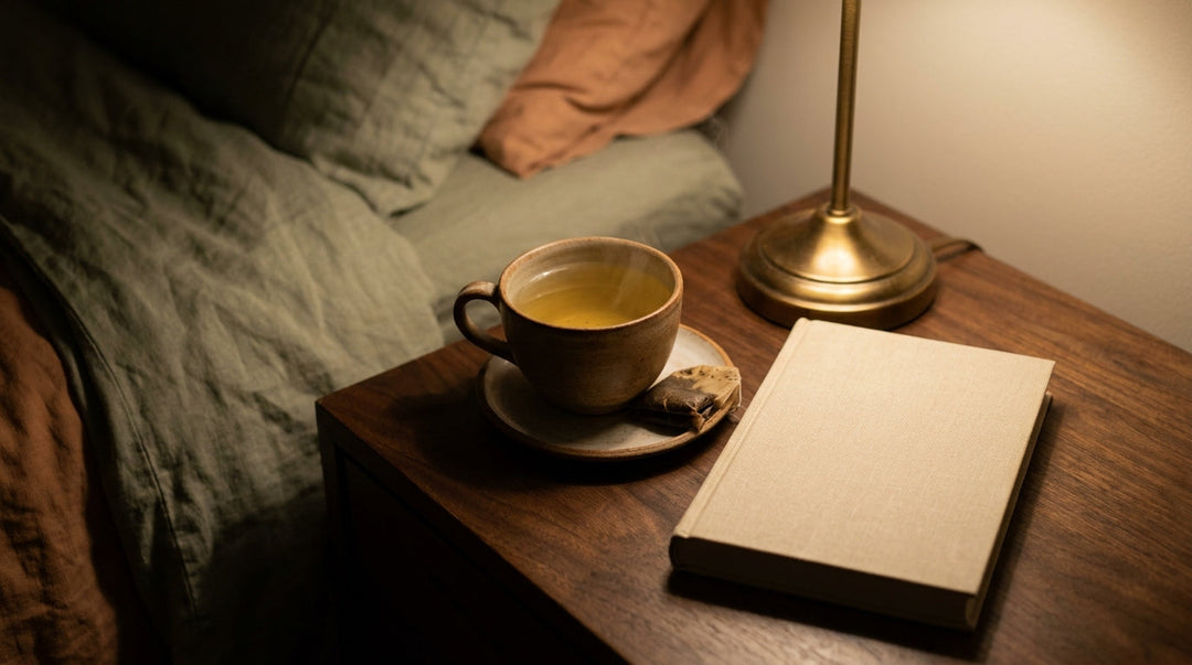A mug of pale golden herbal tea on a dark wood nightstand beside a lamp, a closed linen-covered book and soft bedding at night
