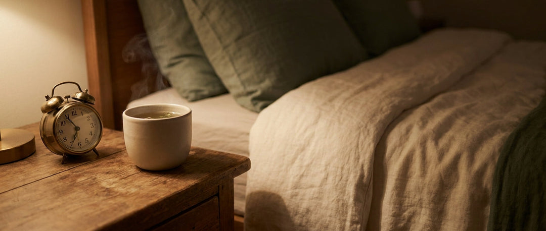 A mug of herbal tea steaming on a wooden nightstand beside a bed at night