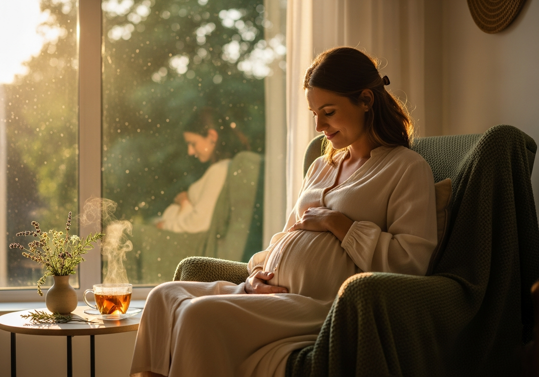 Expecting mother relaxing with herbal tea at golden hour
