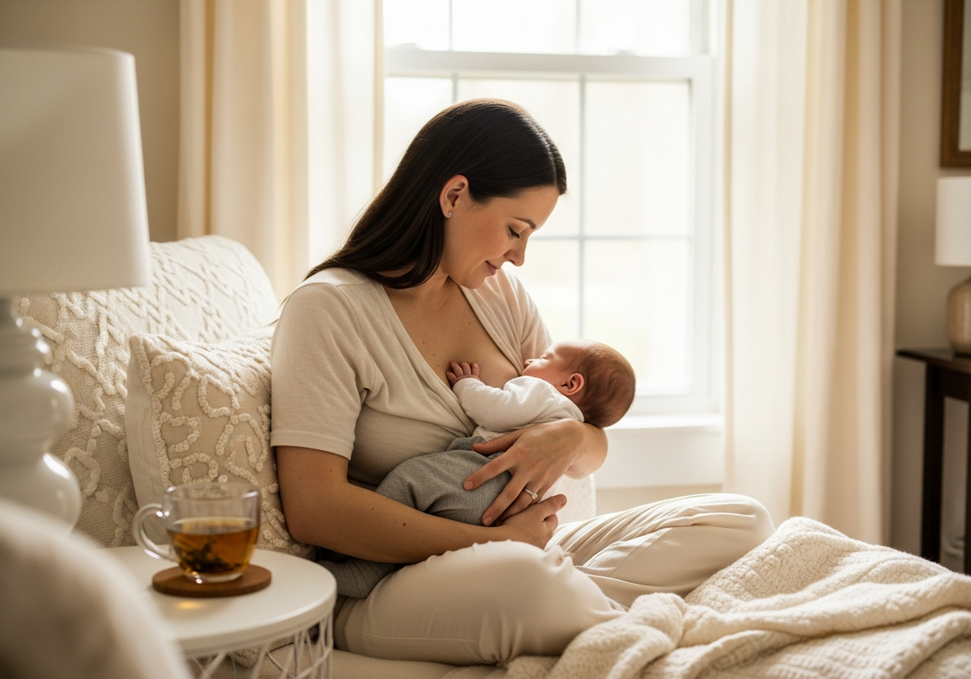 Mother nursing her baby with calming tea nearby