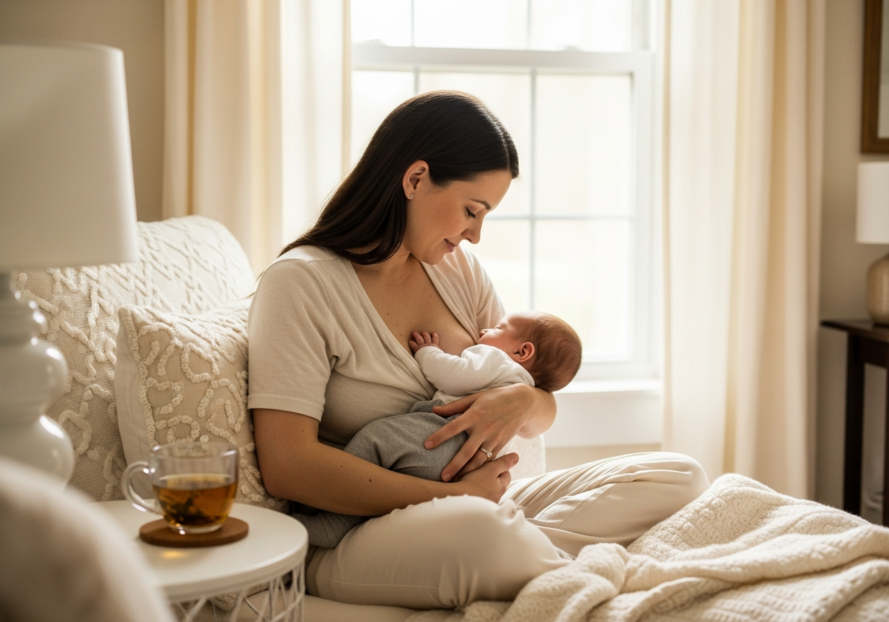Mother nursing her baby with calming tea nearby