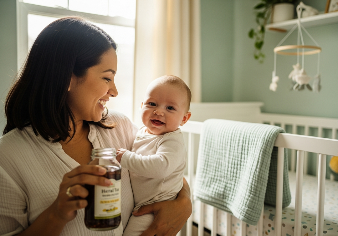 Smiling mother holding happy baby in nursery
