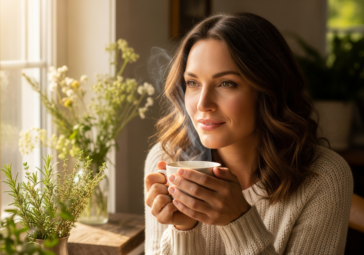 Woman enjoying herbal tea by a sunlit window — fertility journey