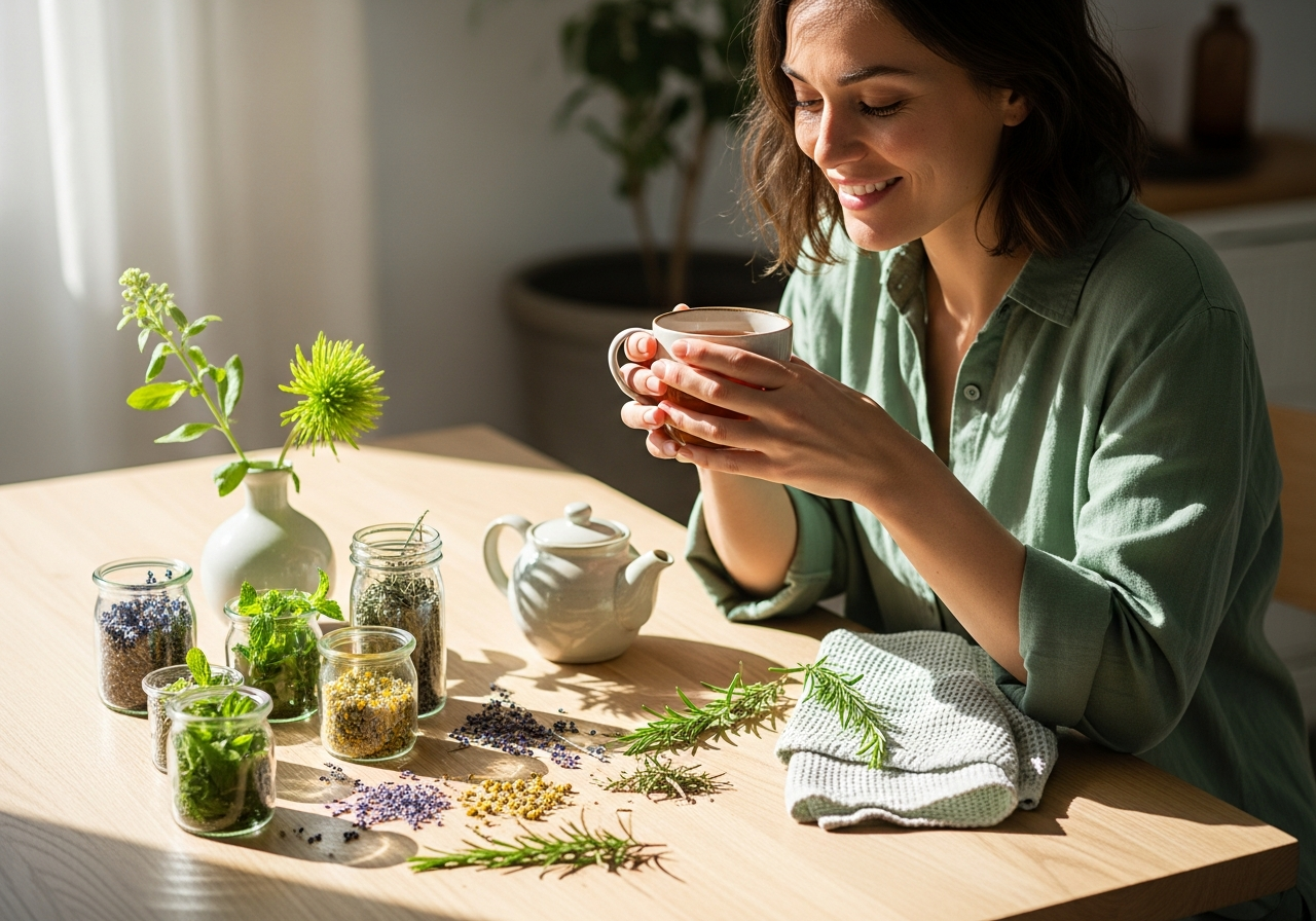 Woman enjoying organic herbal tea with fresh herbs