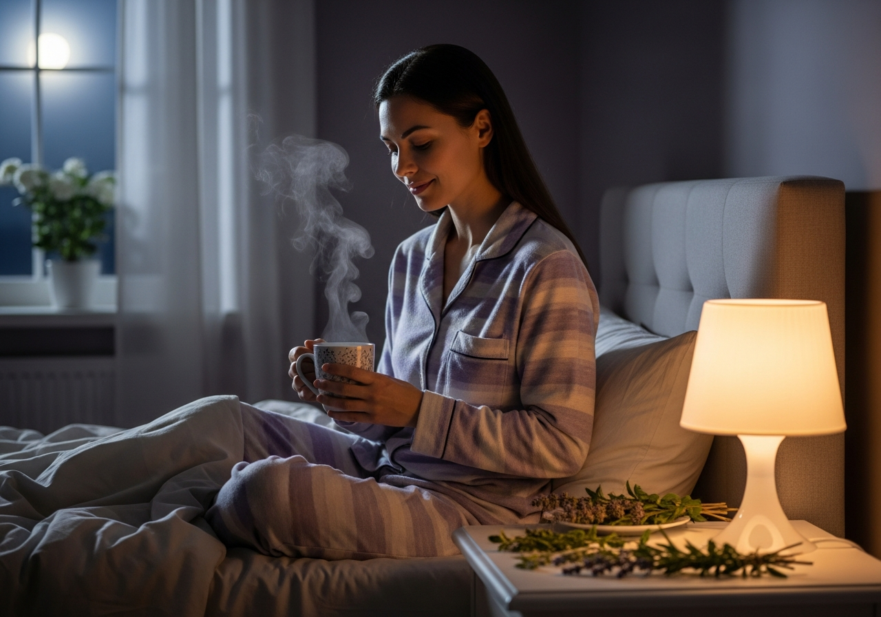 Woman winding down with bedtime tea at night