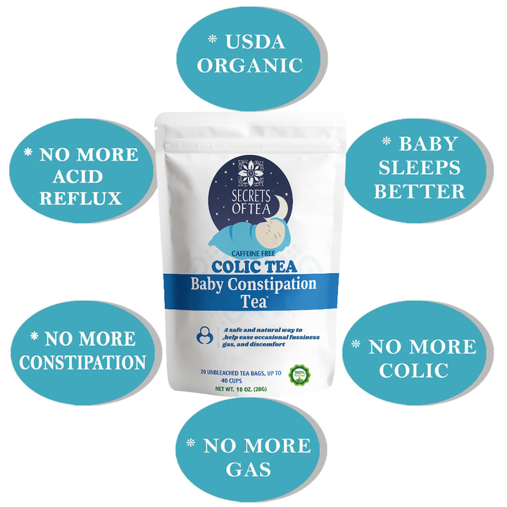 شاي أسرار الشاي لتخفيف الإمساك للأطفال - طبيعي خالٍ من الكافيين العضوي من وزارة الزراعة الأمريكية - شاي لمغص الأطفال والغازات وحمض الجزر - ما يصل إلى 80 حصة - 20 عددًا (عبوة واحدة)