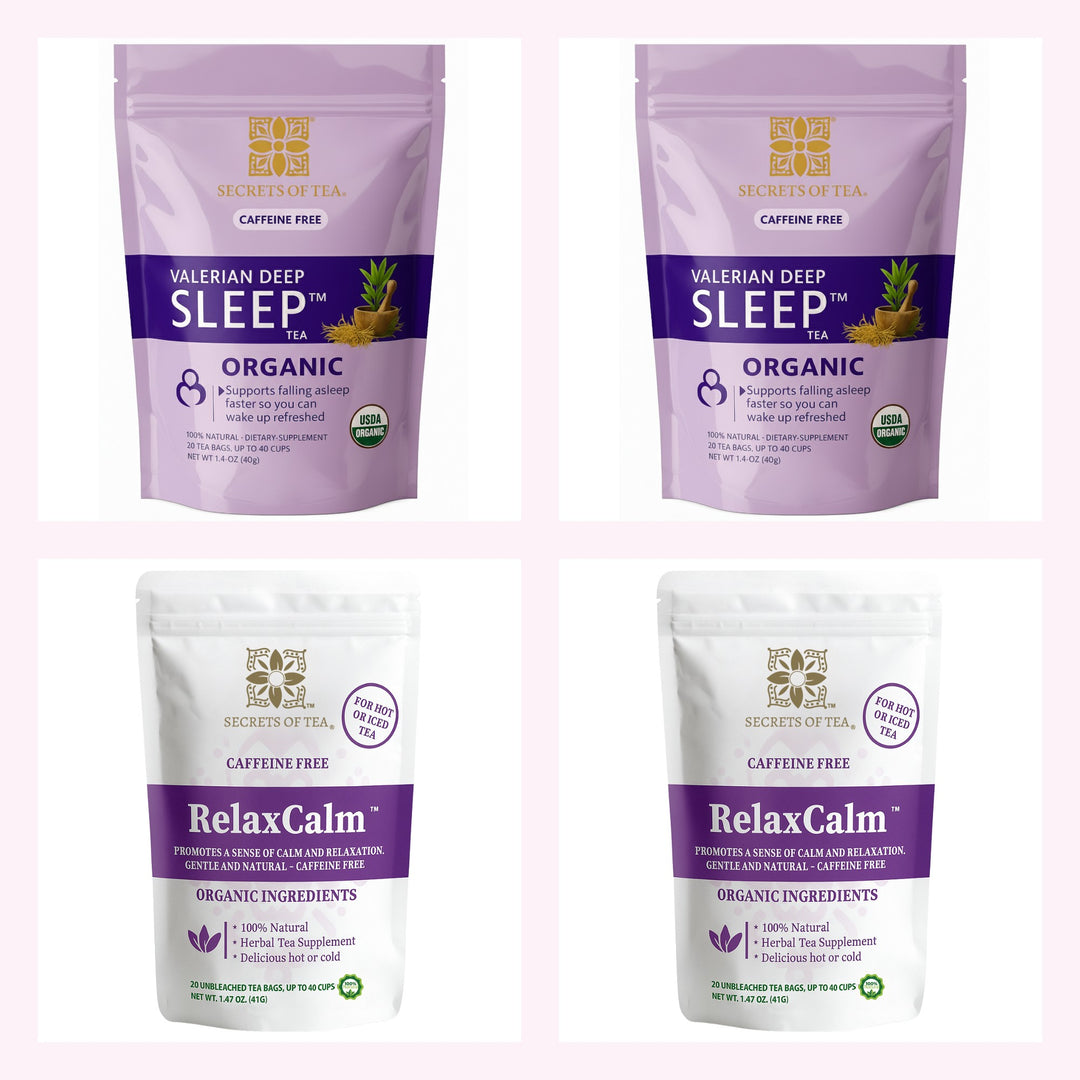 Deep Sleep &amp; Calm Kit, two boxes of Valerian Deep Sleep Tea and two boxes of RelaxCalm Tea by Secrets of Tea